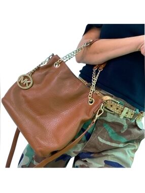 Michael Kors Cognac Pebbled Leather Shoulder Bag with Gold Chain
